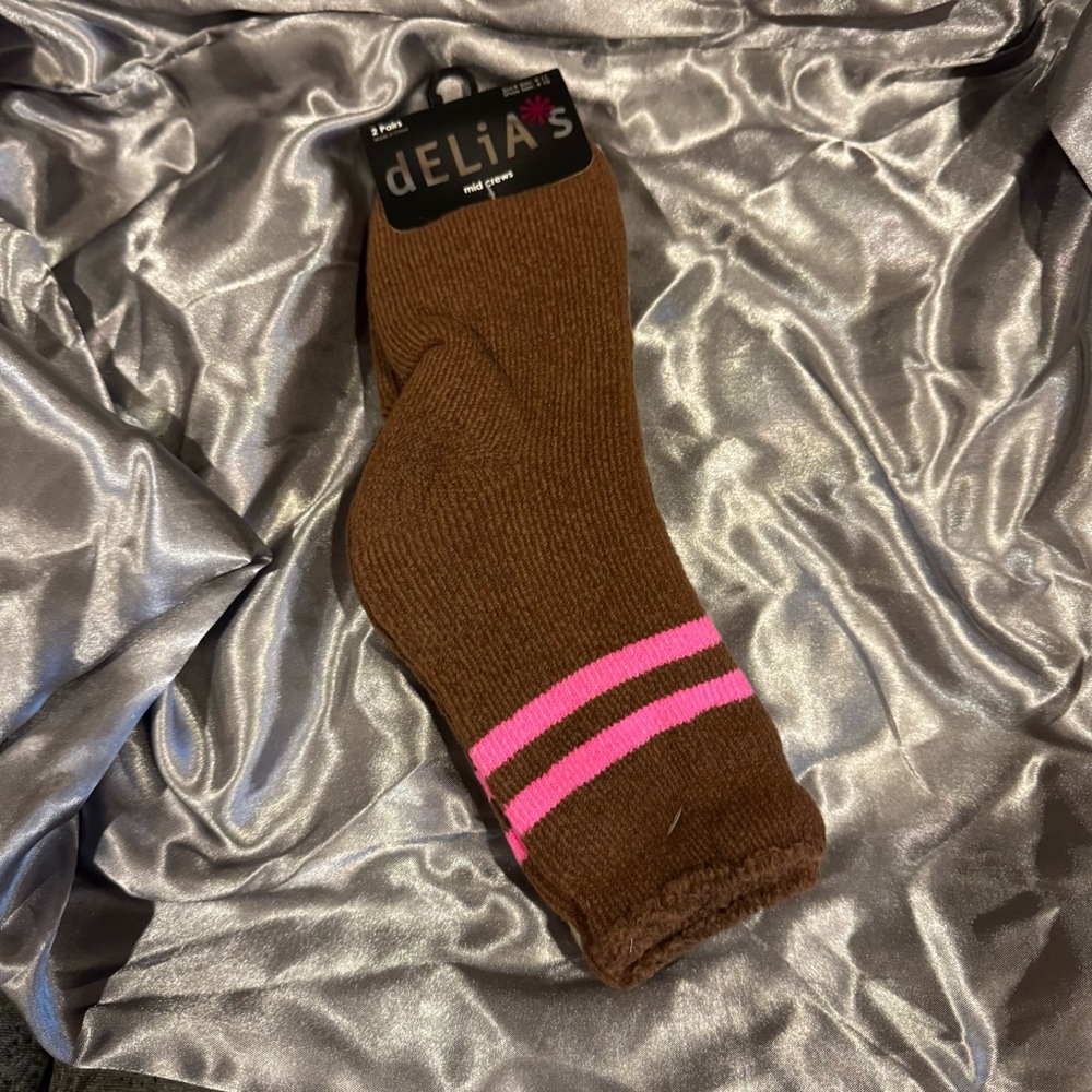 dELiA*s 2 pairs of Socks!!Brown Socks with Pink Accents, and plain cream!! New